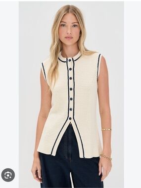 KULE - The Olivia - Cream Sleeveless Knit Cardigan with Navy Trim